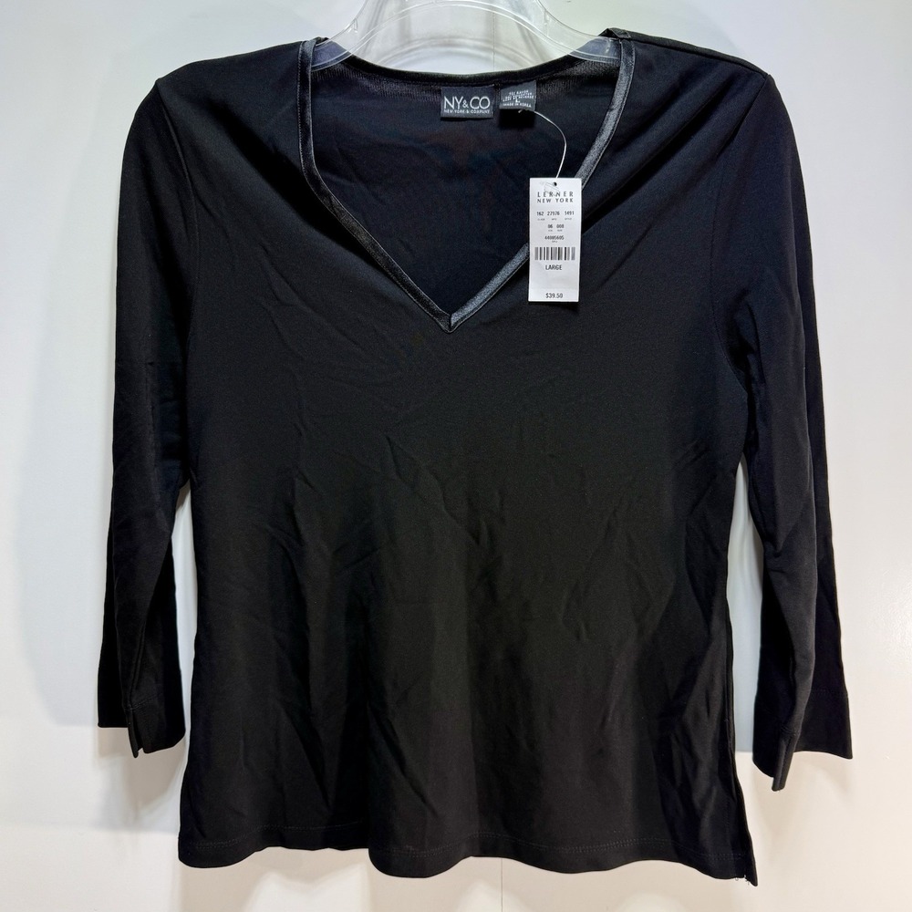 NY&CO V-Neck Top Black Faux Leather Trim Womens Large Long Sleeve Blouse NEW